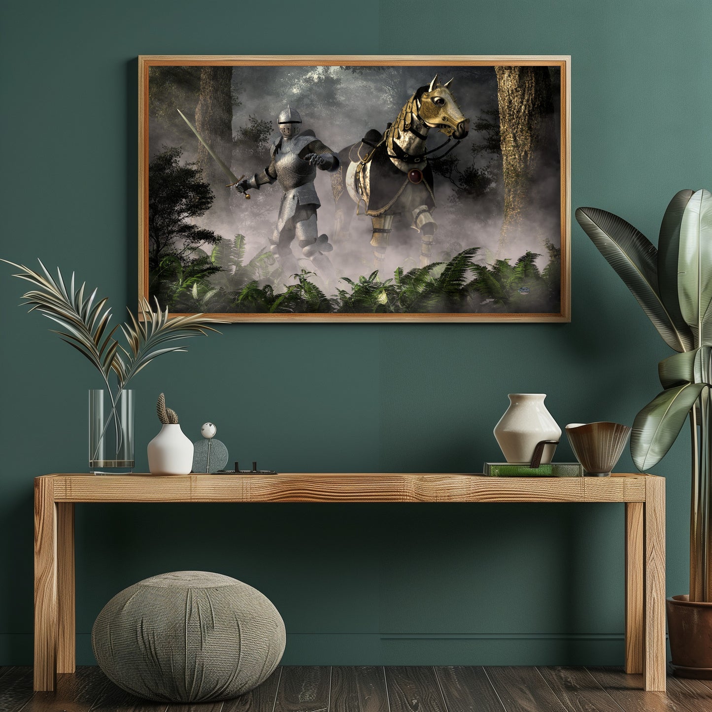 Knight and Steed in a Misty Forest