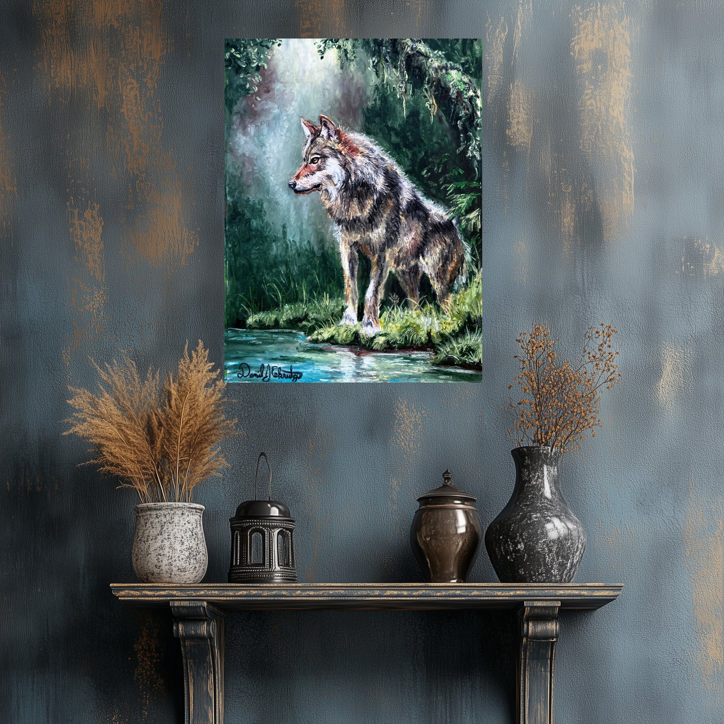 Wolf by a Forest Pond