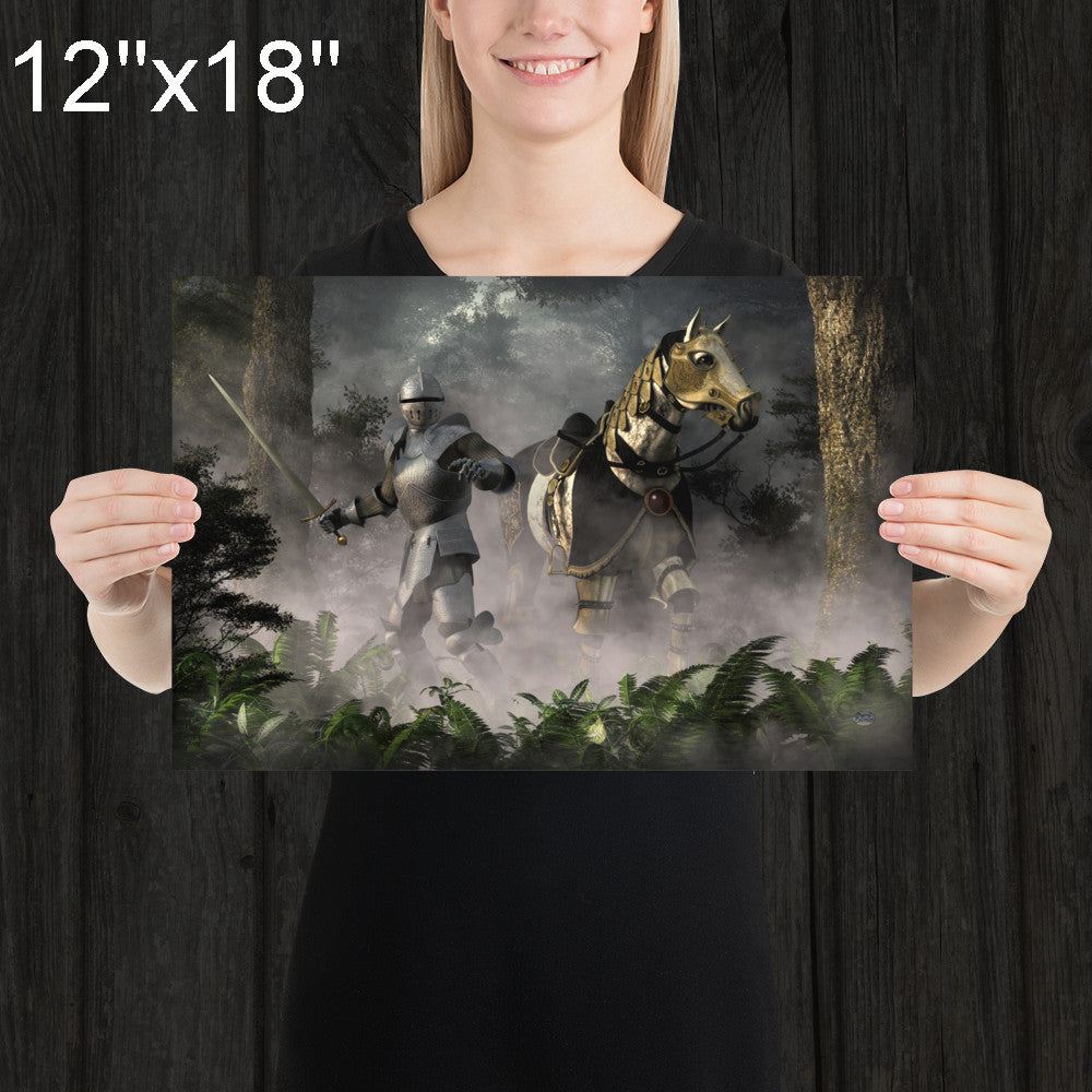 Knight and Steed in a Misty Forest