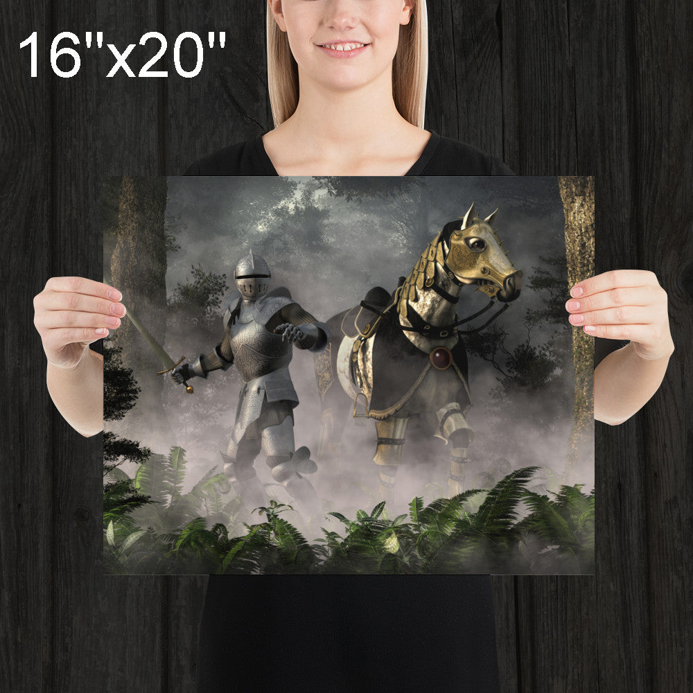 Knight and Steed in a Misty Forest