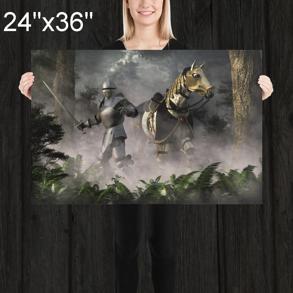 Knight and Steed in a Misty Forest