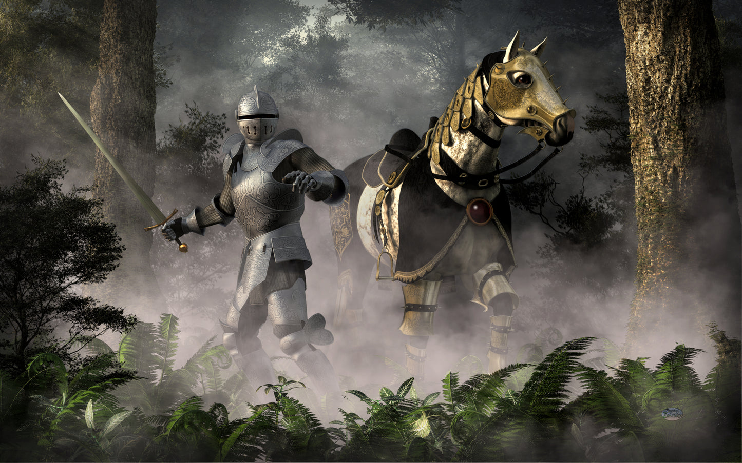 Knight and Steed in a Misty Forest