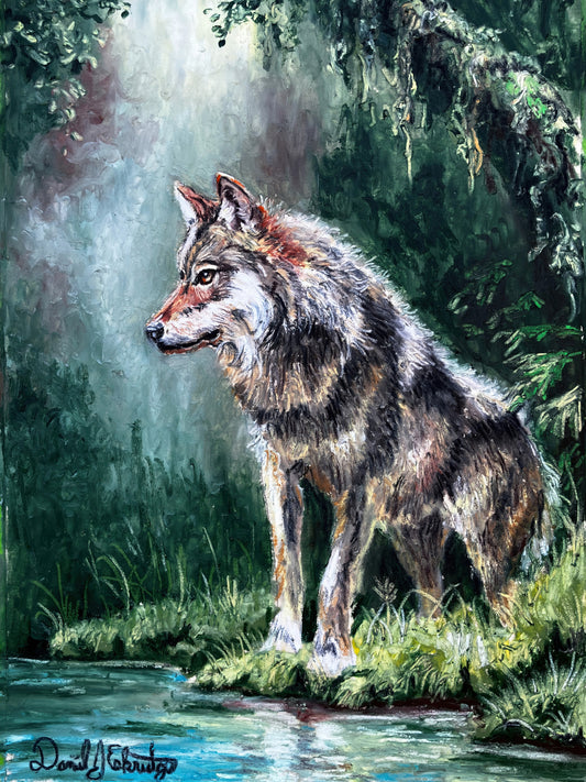 Wolf by a Forest Pond