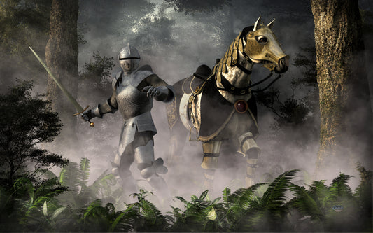 Knight and Steed in a Misty Forest